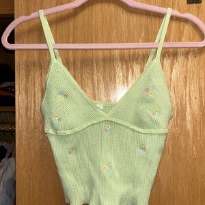 Green Ribbed Knit Tank Top with Floral Embroidery